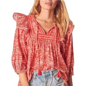Cleobella Mylah Red Floral Print Tie Neck Ruffle Blouse in Fan Block Print - S